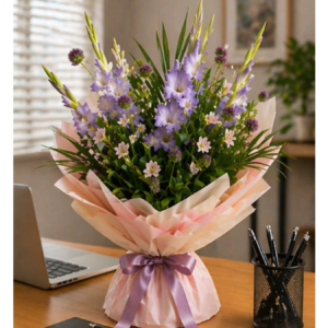 Spring seasonal flower bouquet with purple blooms and soft pink wrapping on desk