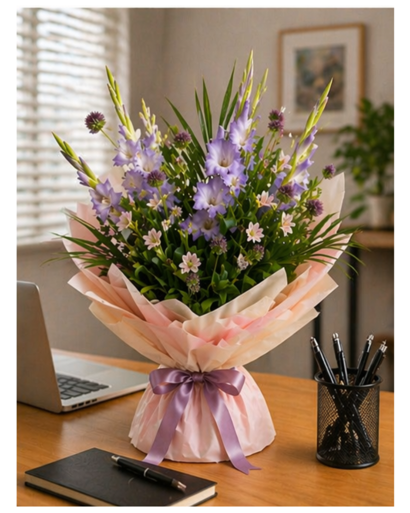 Spring seasonal flower bouquet with purple blooms and soft pink wrapping on desk